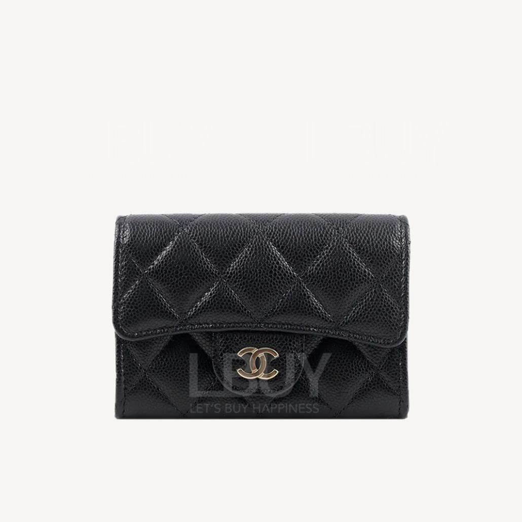 Chanel Small Flap Zip Wallet Card Holder Black with Gold Tone Metal AP4096