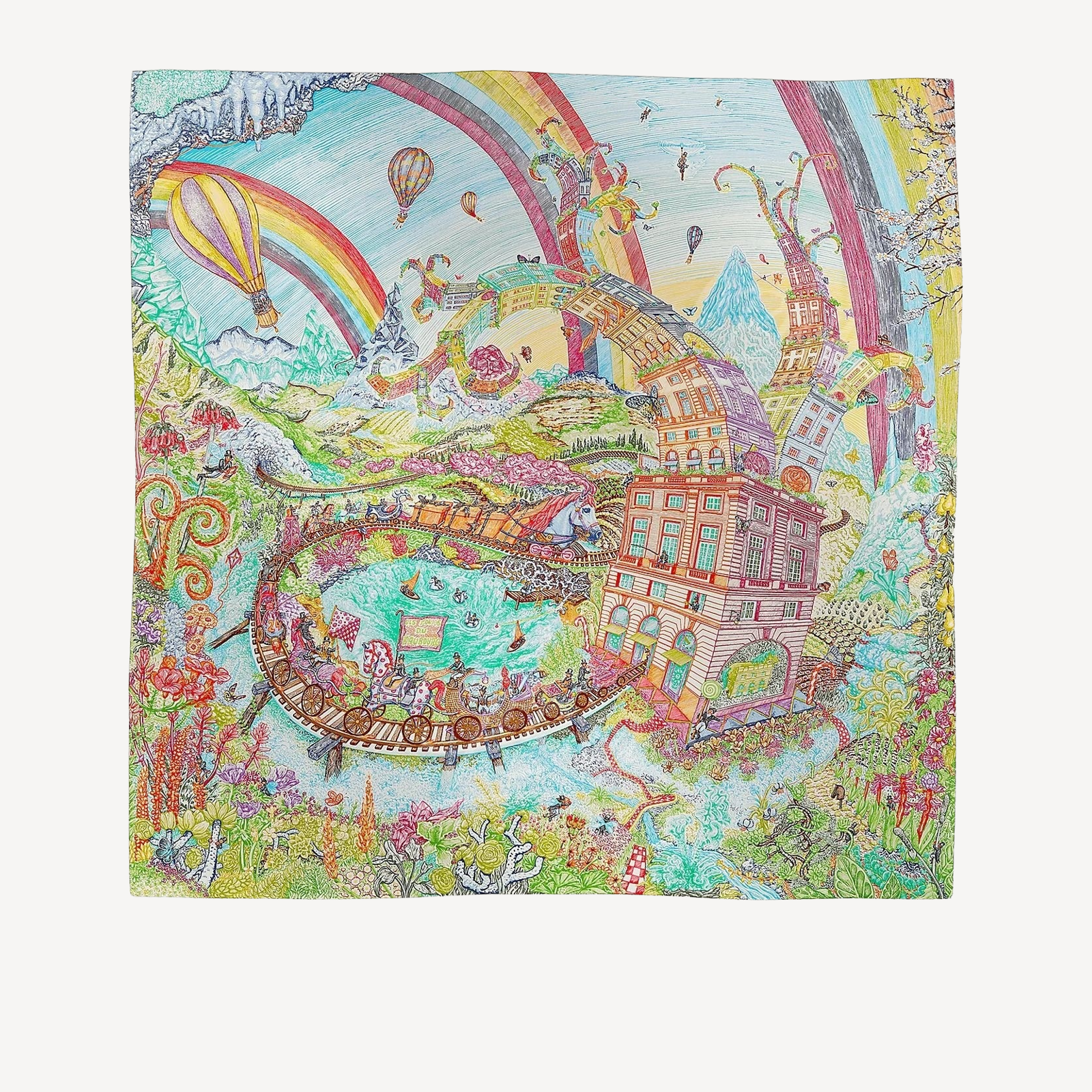 Hermes Les Folies Du Faubourg Scarf 90 丝巾 紫红色 绿色 彩色