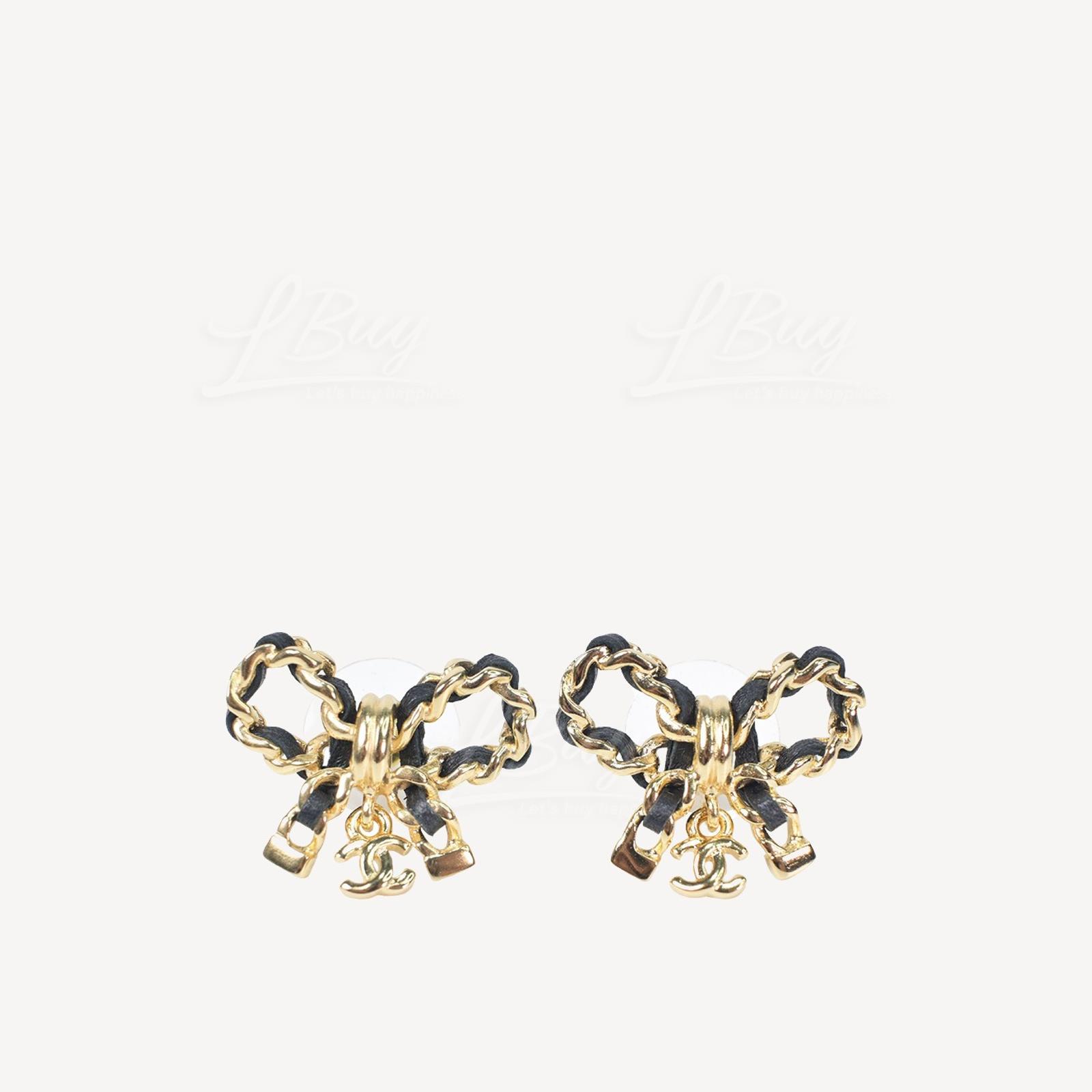 Chanel Leather Gold Bow CC Logo Earrings AB8827