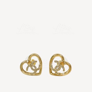 Chanel Gold CC Logo Rhinestone Heart Shape Earrings ABA103