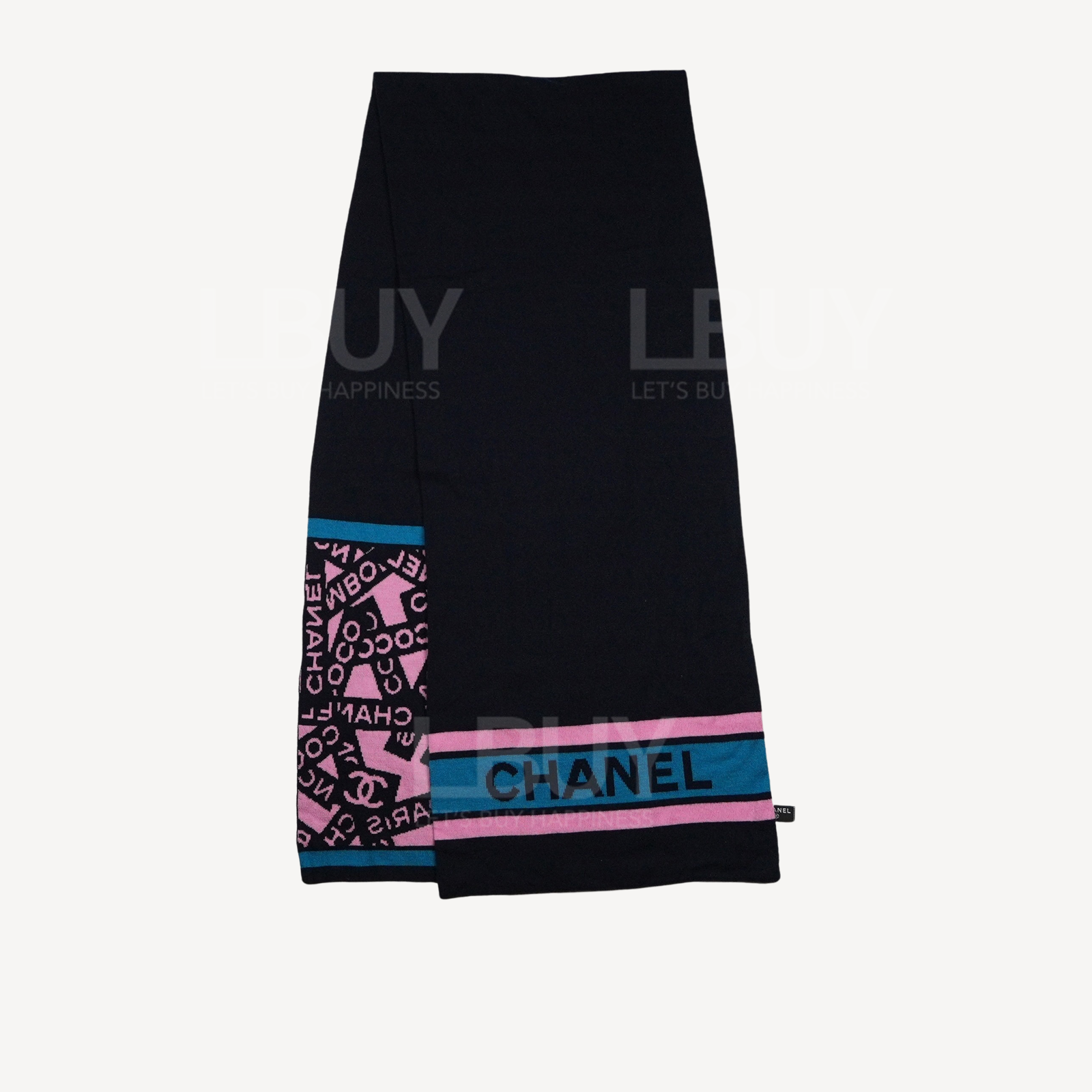 Chanel Logo 黑色蓝色粉红色羊毛围巾 AA9711