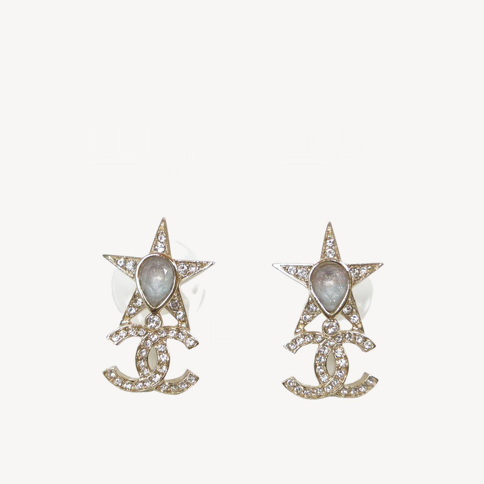 Chanel Light Gold Star Pendant Rhinestone CC Logo Earrings ABA383