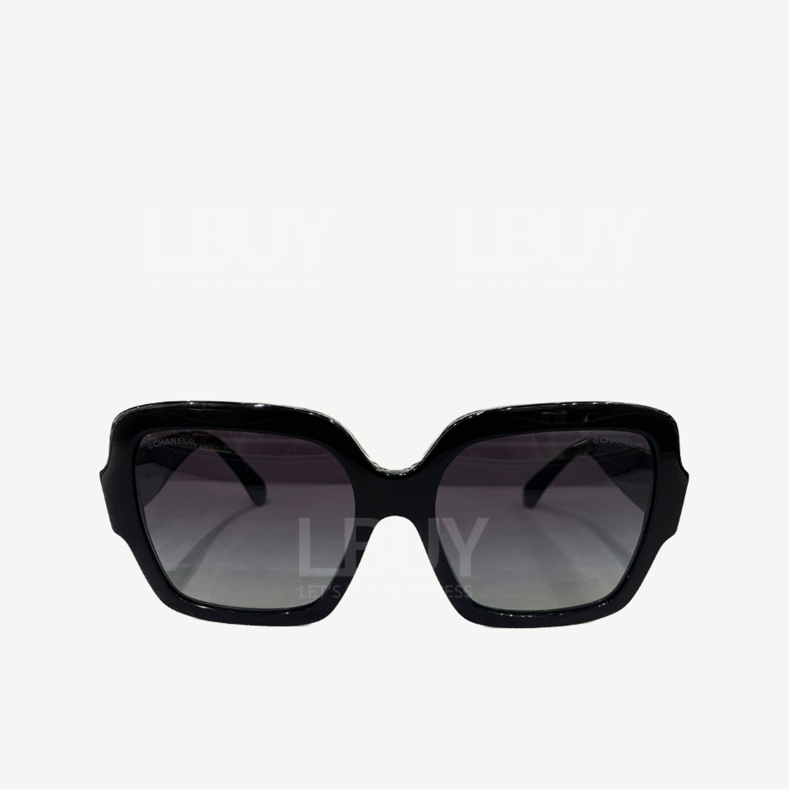 Chanel 山茶花併心心珍珠 方形黑框太陽眼鏡