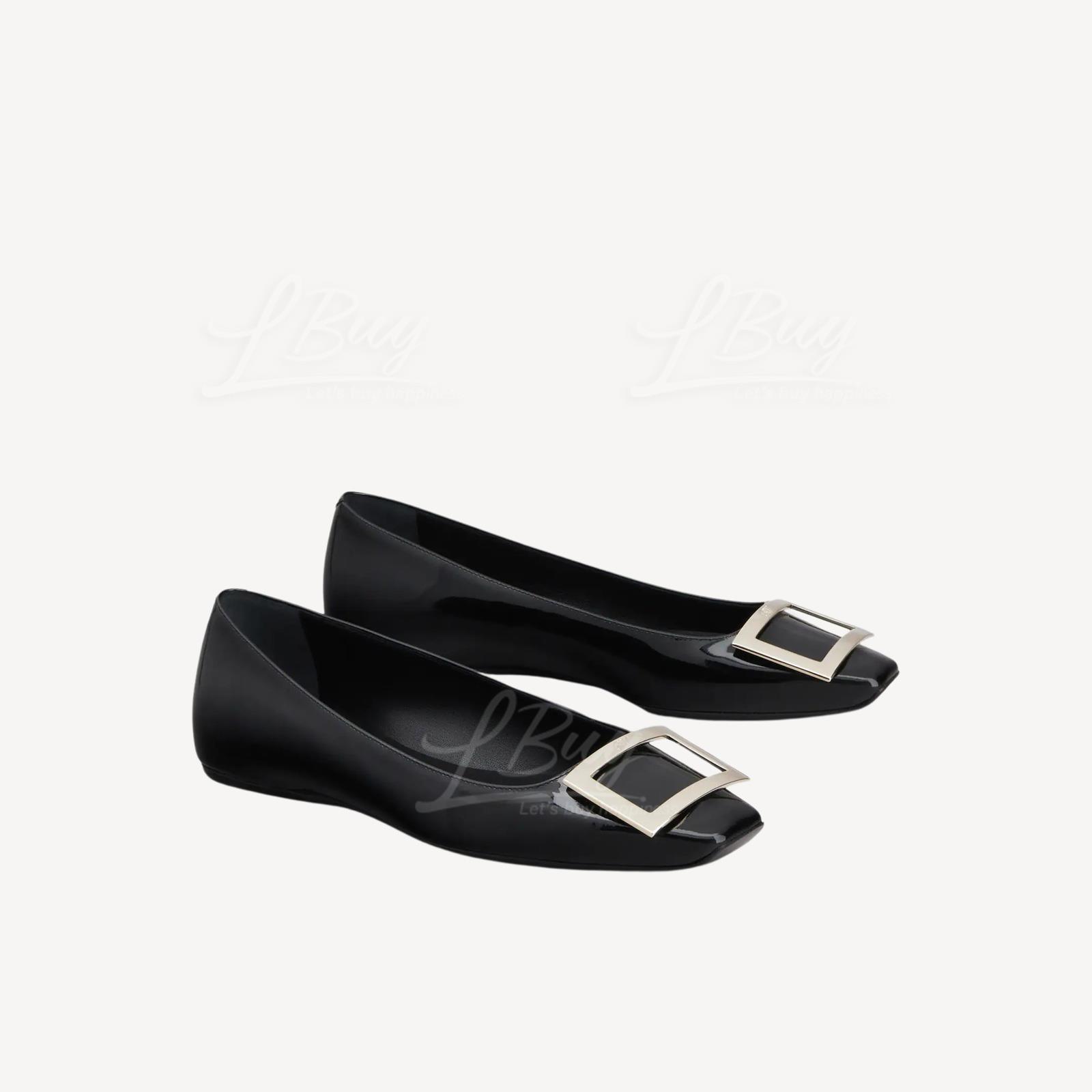 Roger Vivier Trompette 漆皮淡金方扣芭蕾平底鞋 黑色