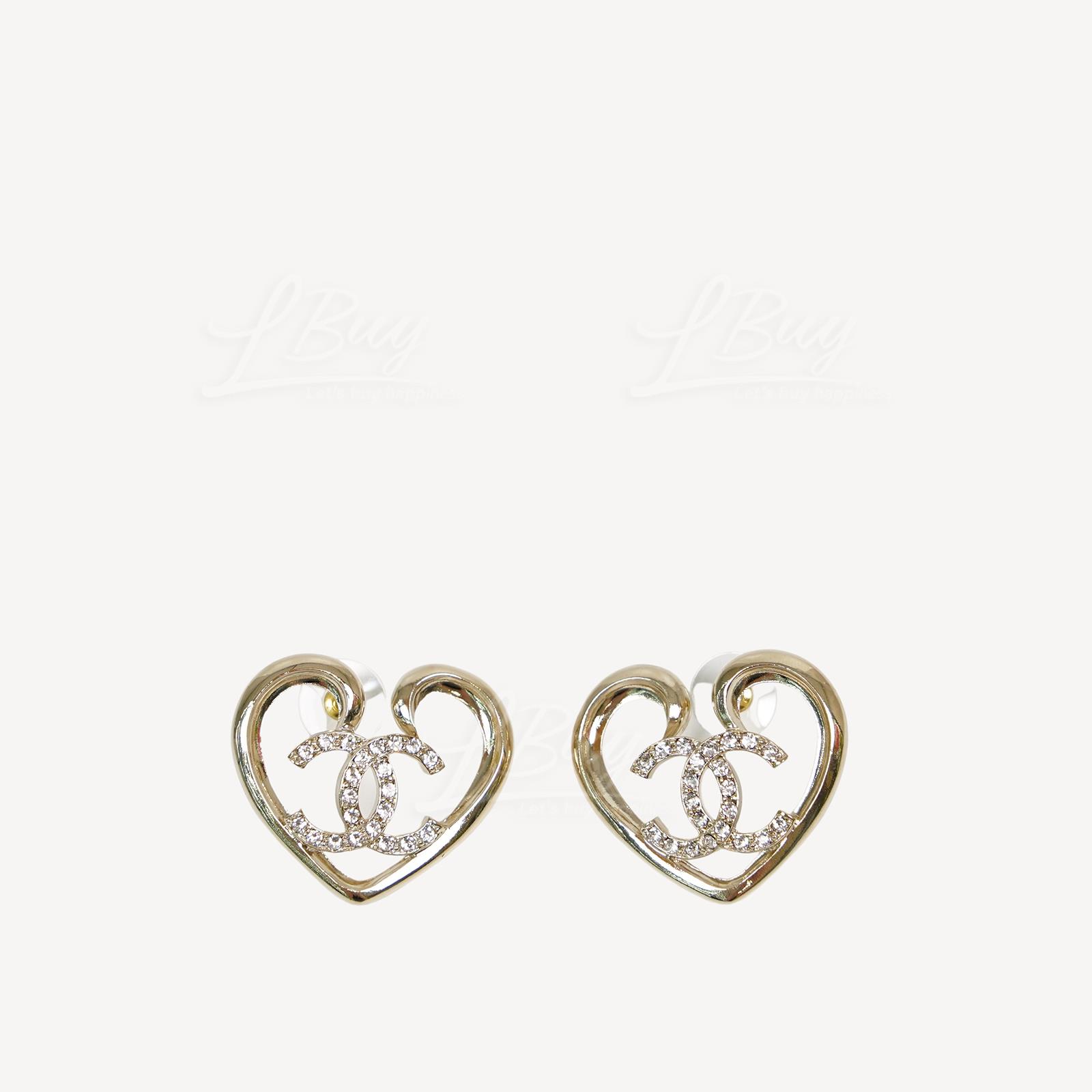 Chanel Gold CC Logo Rhinestone Heart Shape Large Earrings ABA0698