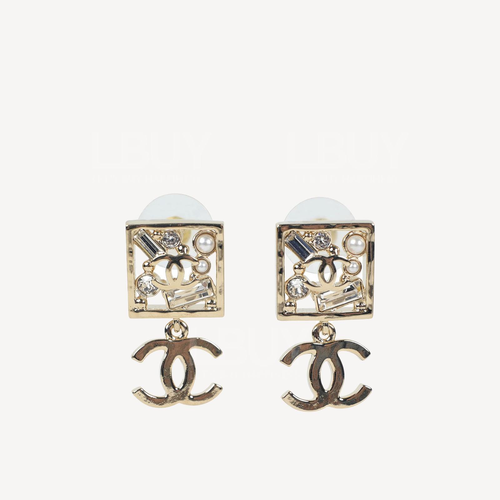 Chanel Gold Square CC Logo Pendant Earrings AB7261