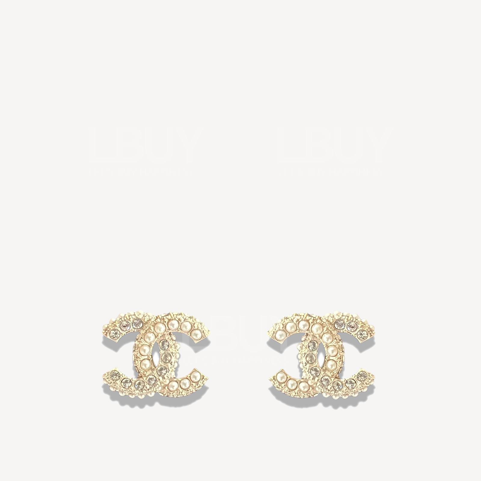 Chanel Rhinestone and Pearl Gold CC Logo Earrings AB9400