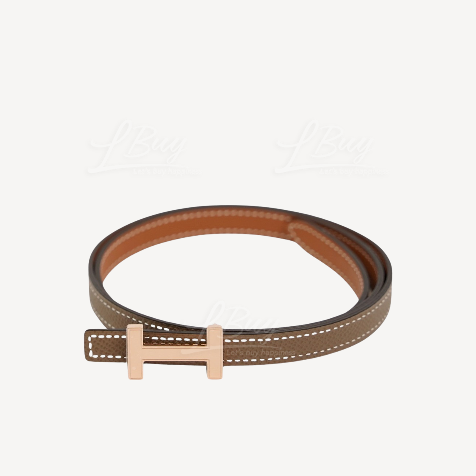 Hermes Focus Belt Buckle 13mm Reversible Leather Strap Gold Etoupe with Rose Gold Plated Hardware