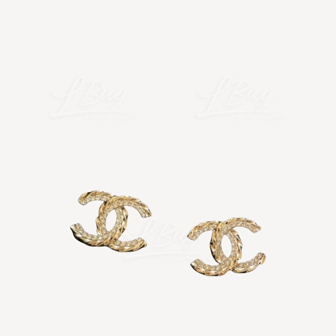 Chanel CC logo Crystal Twisted Earrings Gold ABA711