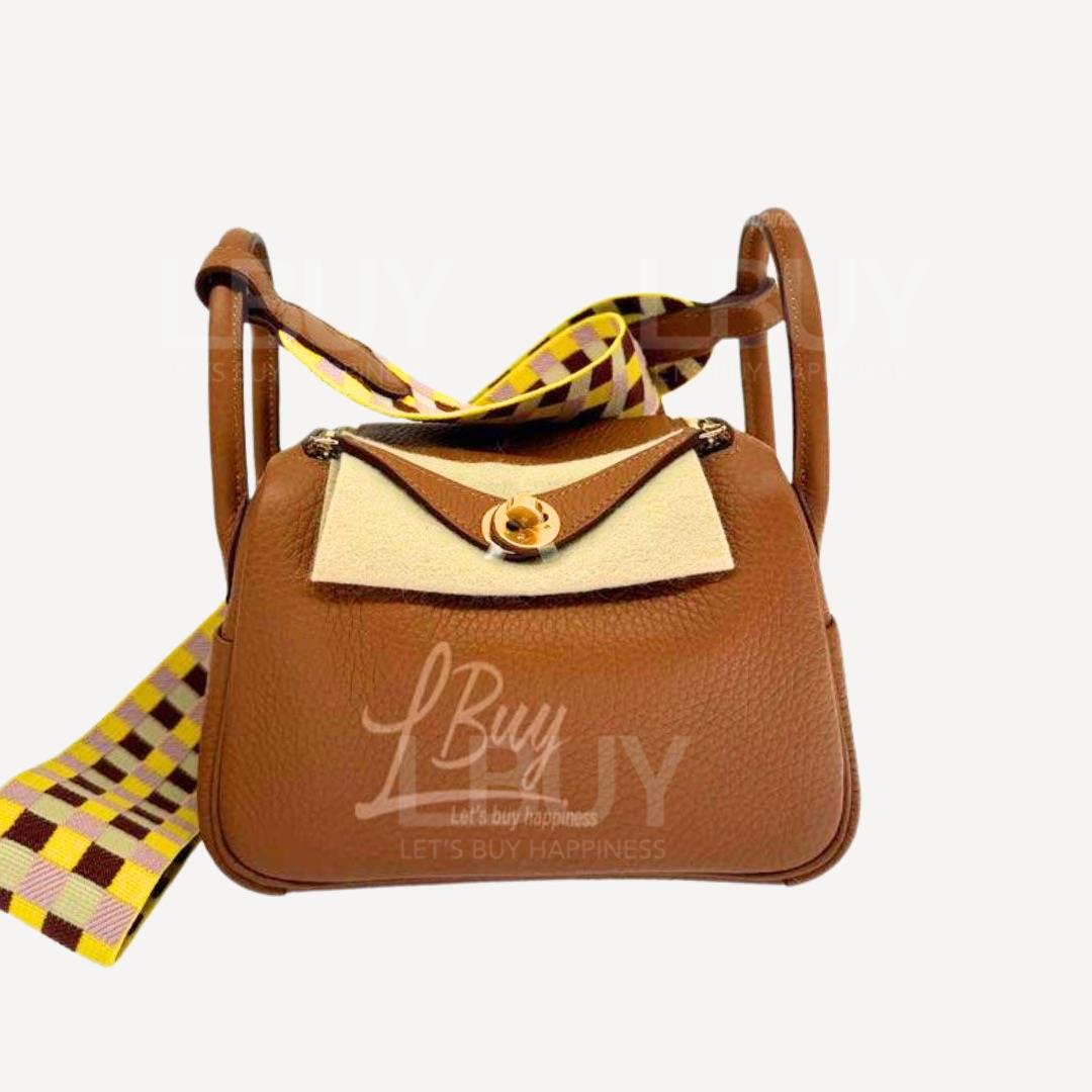 Hermes Mini Lindy 金棕色 金扣 格仔寛帶 W stamp