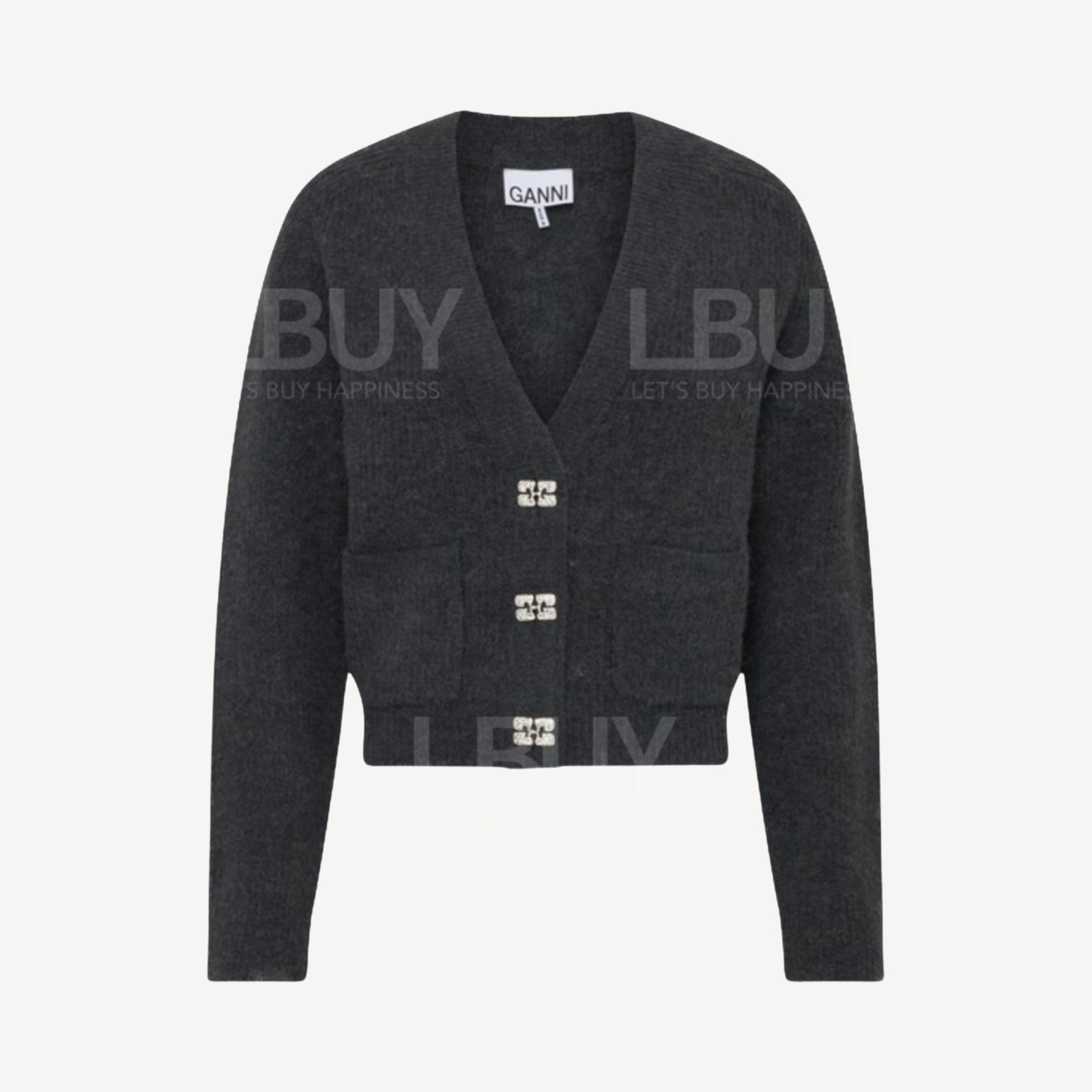 Ganni Ash Grey Soft Wool Cardigan With Crystal Buttons