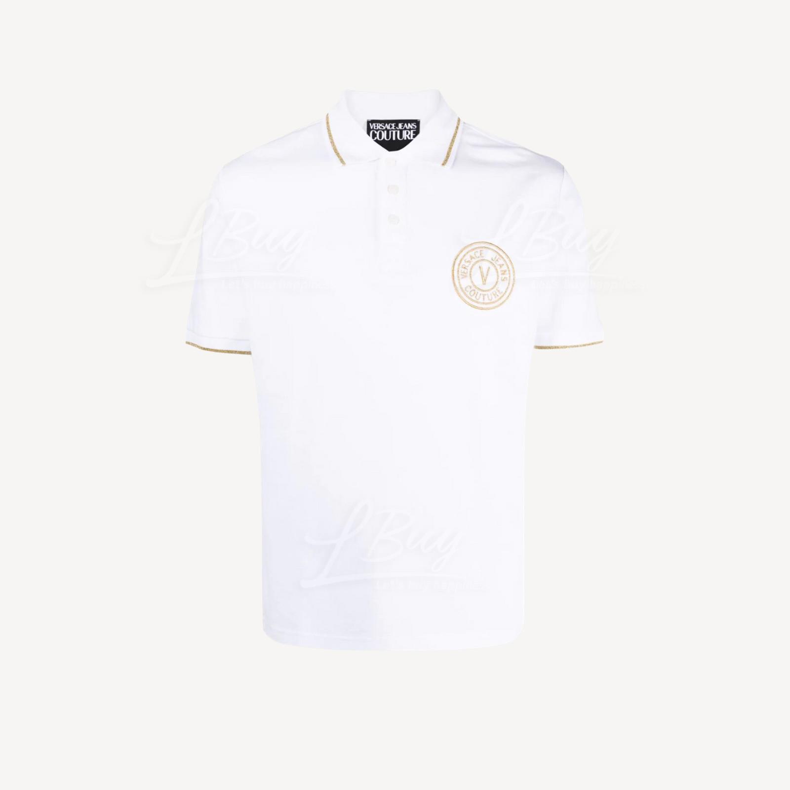 Versace Gold Leather Badge Logo Short Sleeve Polo Shirt White 74GAT08