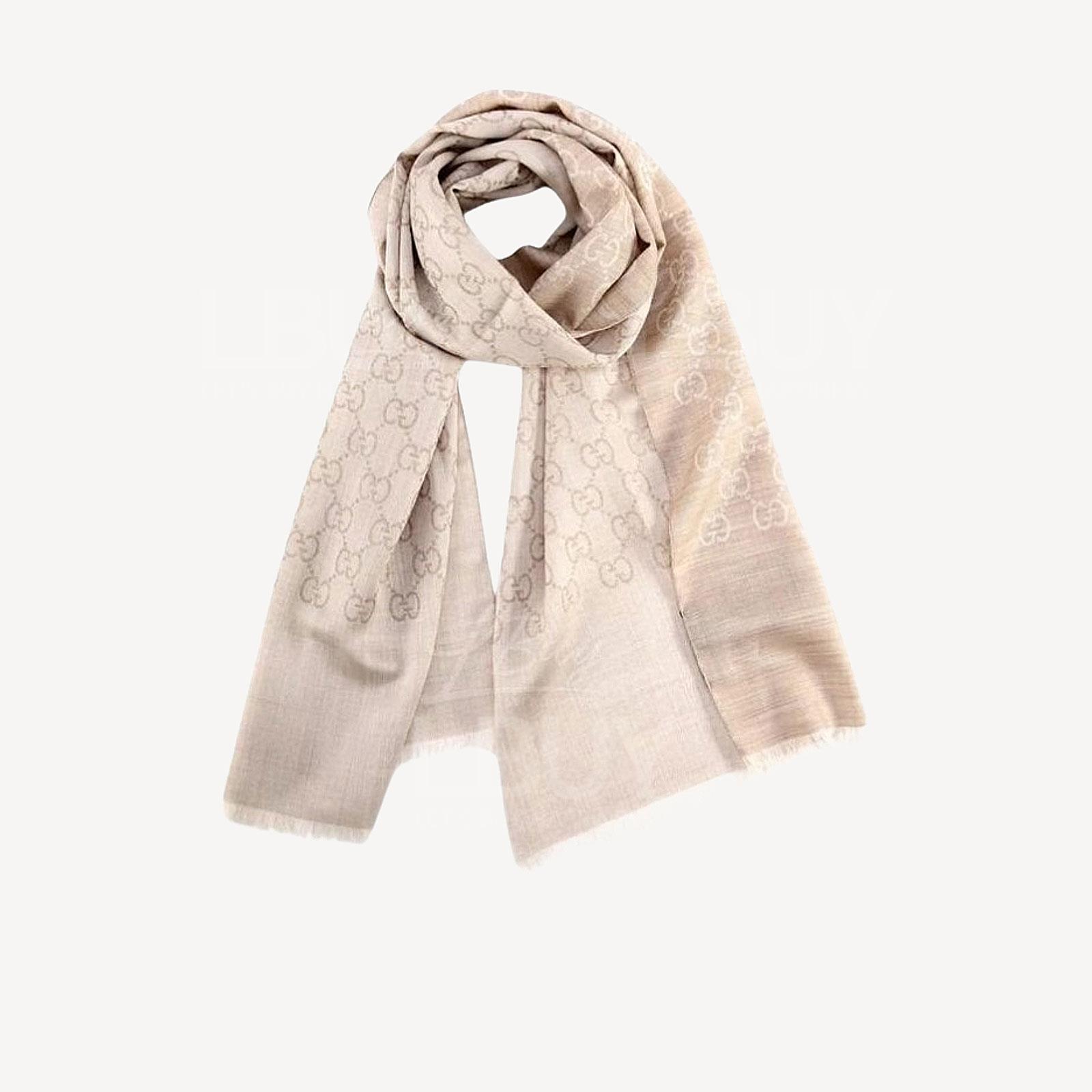 Gucci GG Logo Wool Silk Scarf Pearl Grey 165904
