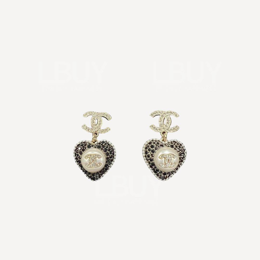 Chanel Black Full Diamond Heart Earrings