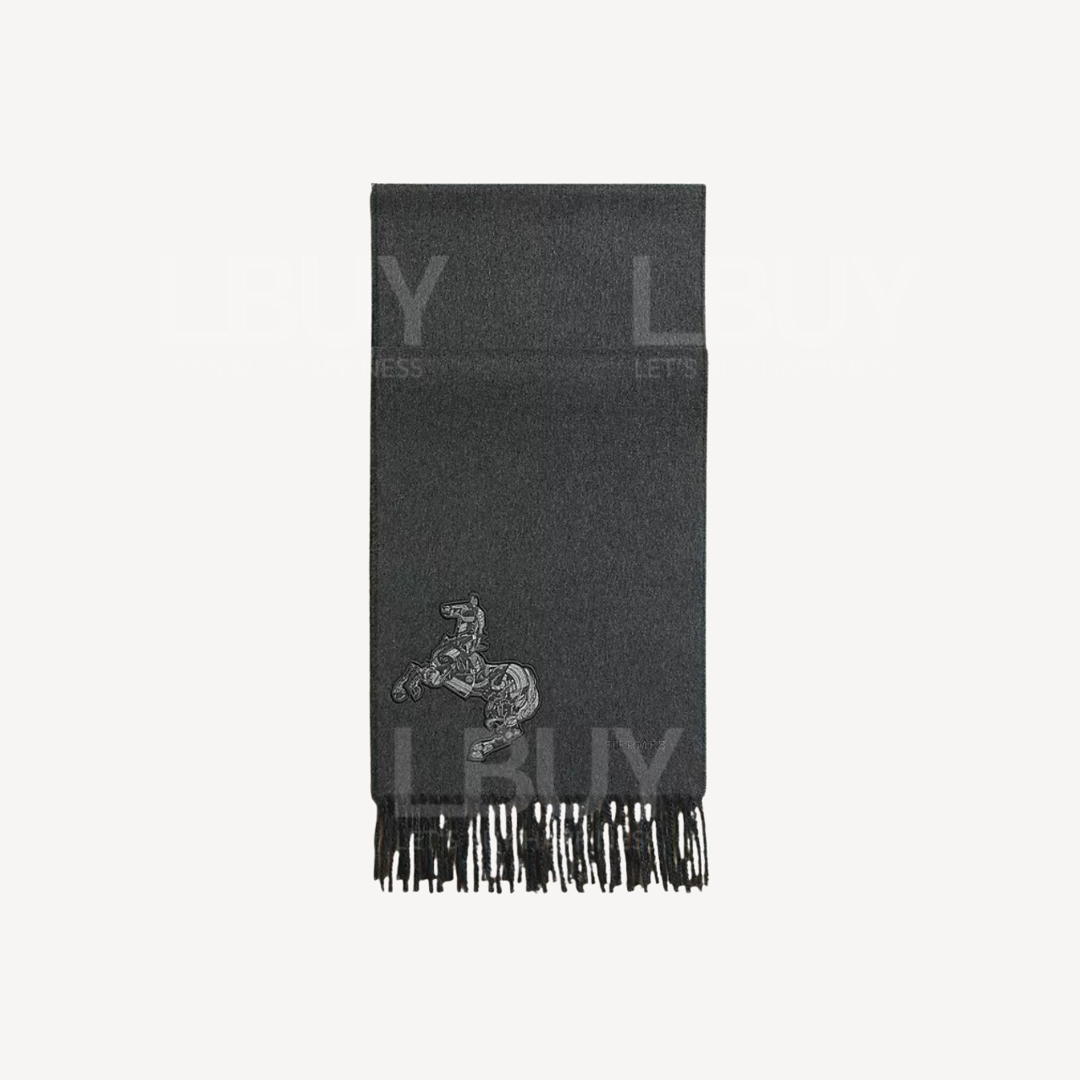 Hermes Rocabar muffler 黑色并灰色 全羊绒双面围巾颈巾 马刺绣章