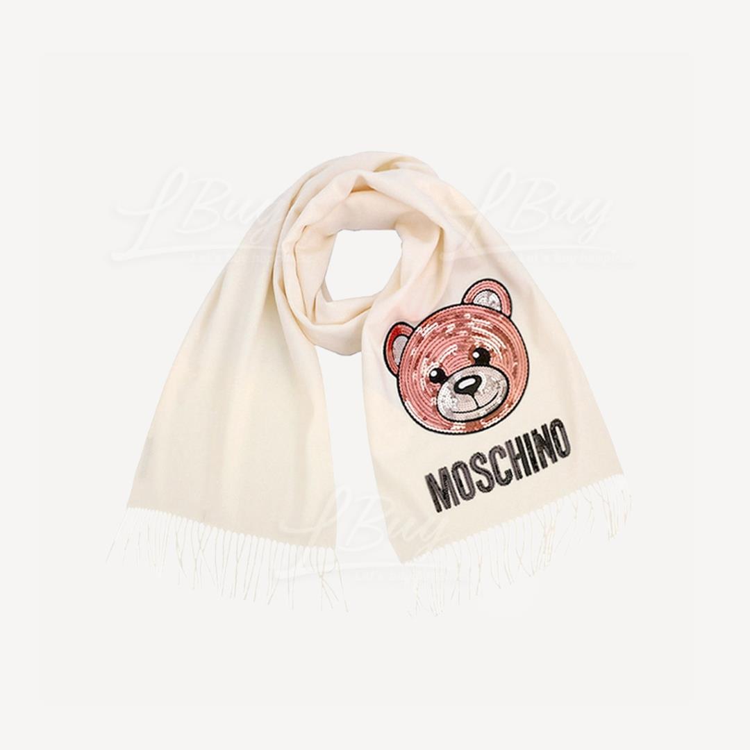 Moschino羊毛闪片熊仔米白色围巾