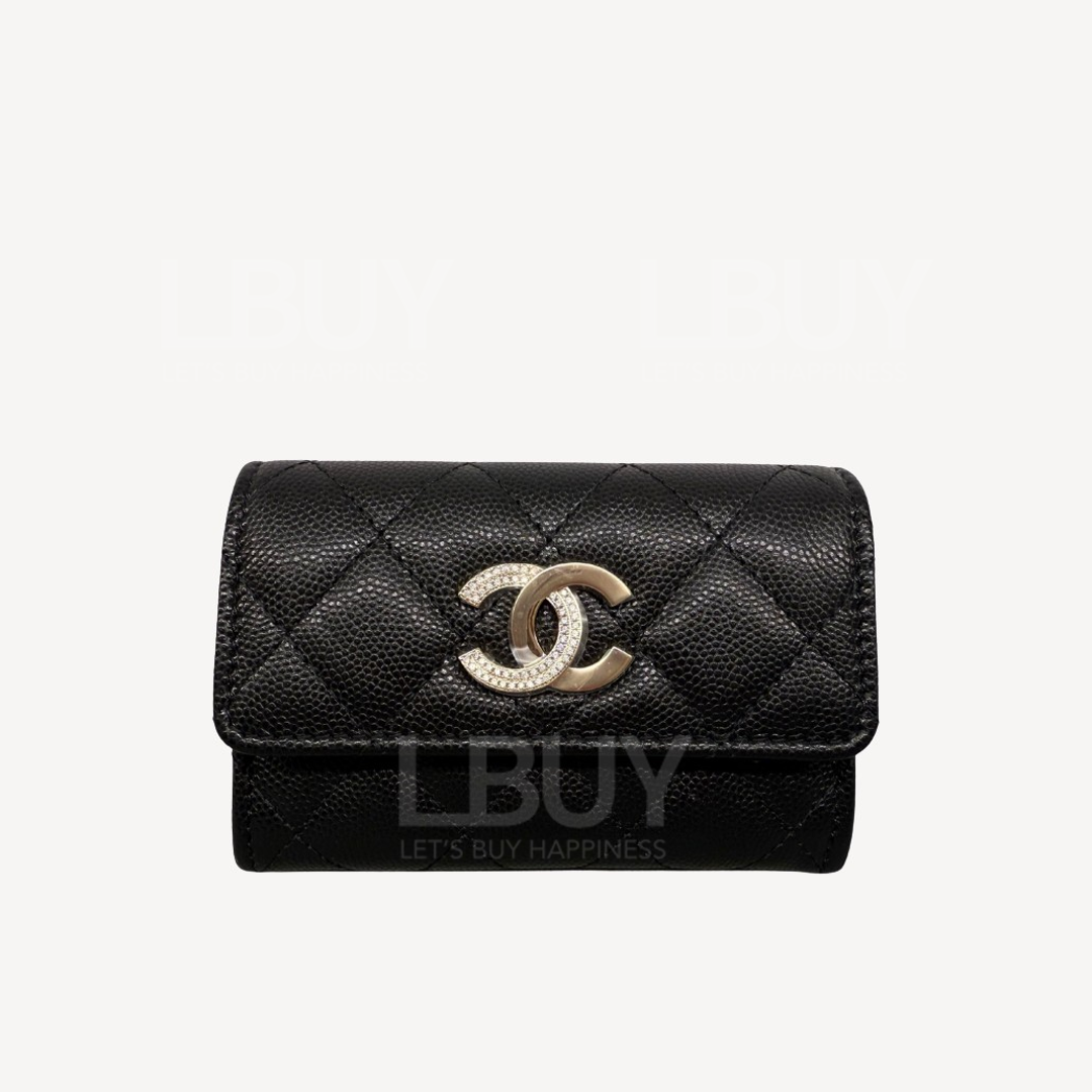 Chanel 钻石併金扣 黑色 菱格卡包 AP4183