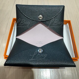 Hermes Calvi Card Holder 山羊皮 黑色内拼粉色