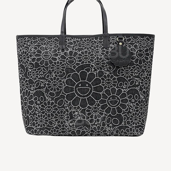 村上隆-Flowers & Skulls Jacquard Denim Leather Tote Bag