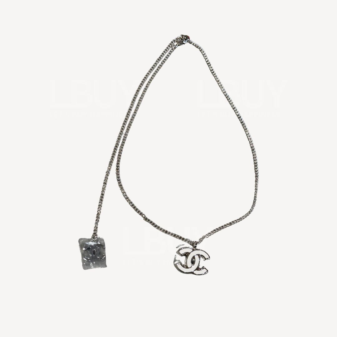 Chanel White Enamel CC Logo Silver Necklace ABF568