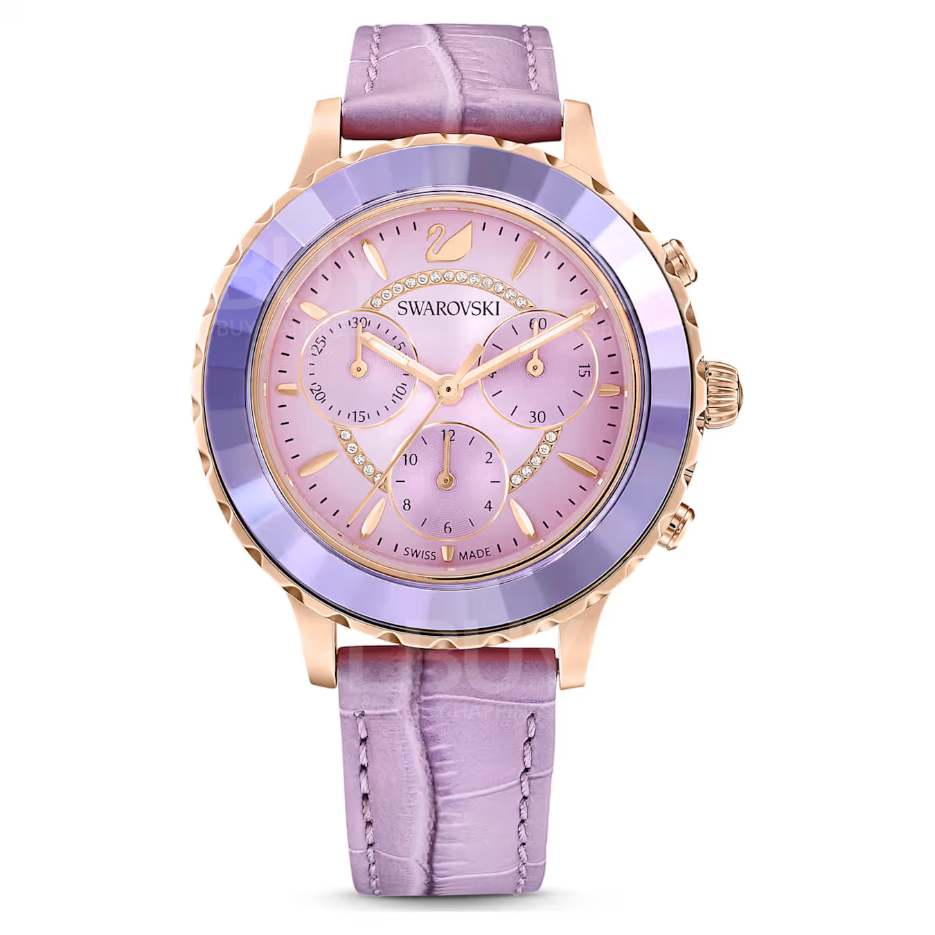 SWAROVSKI Octea Lux Chrono 手錶 (真皮錶帶, 紫色, 玫瑰金色潤飾)