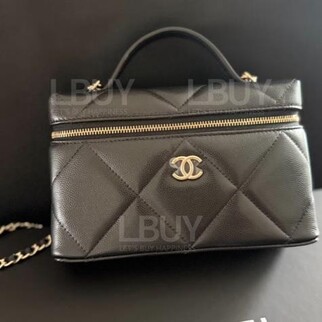    Chanel Vanity Case Grained Calfskin Handle Long Large Grid Makeup Box Black AP4936