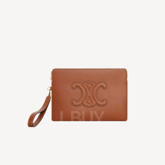 Celine Triomphe 凱旋門光滑小牛皮拉鍊小袋收納包 黃褐色