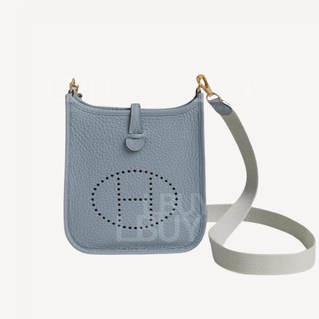 Hermes Mini Evelyne 16 Amazone Bag J7 Bleu Lin with Light Grey Strap Gold Buckle K stamp 