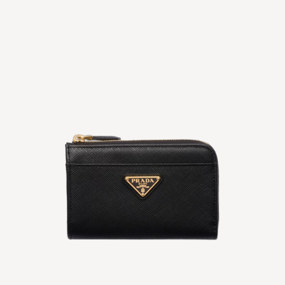 Prada Saffiano 皮革金色三角形標誌拉鍊鎖匙包 卡包 1PP122