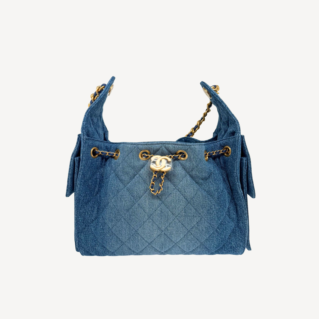 Chanel 25小型包 金扣單肩袋 牛仔藍色 AS5293