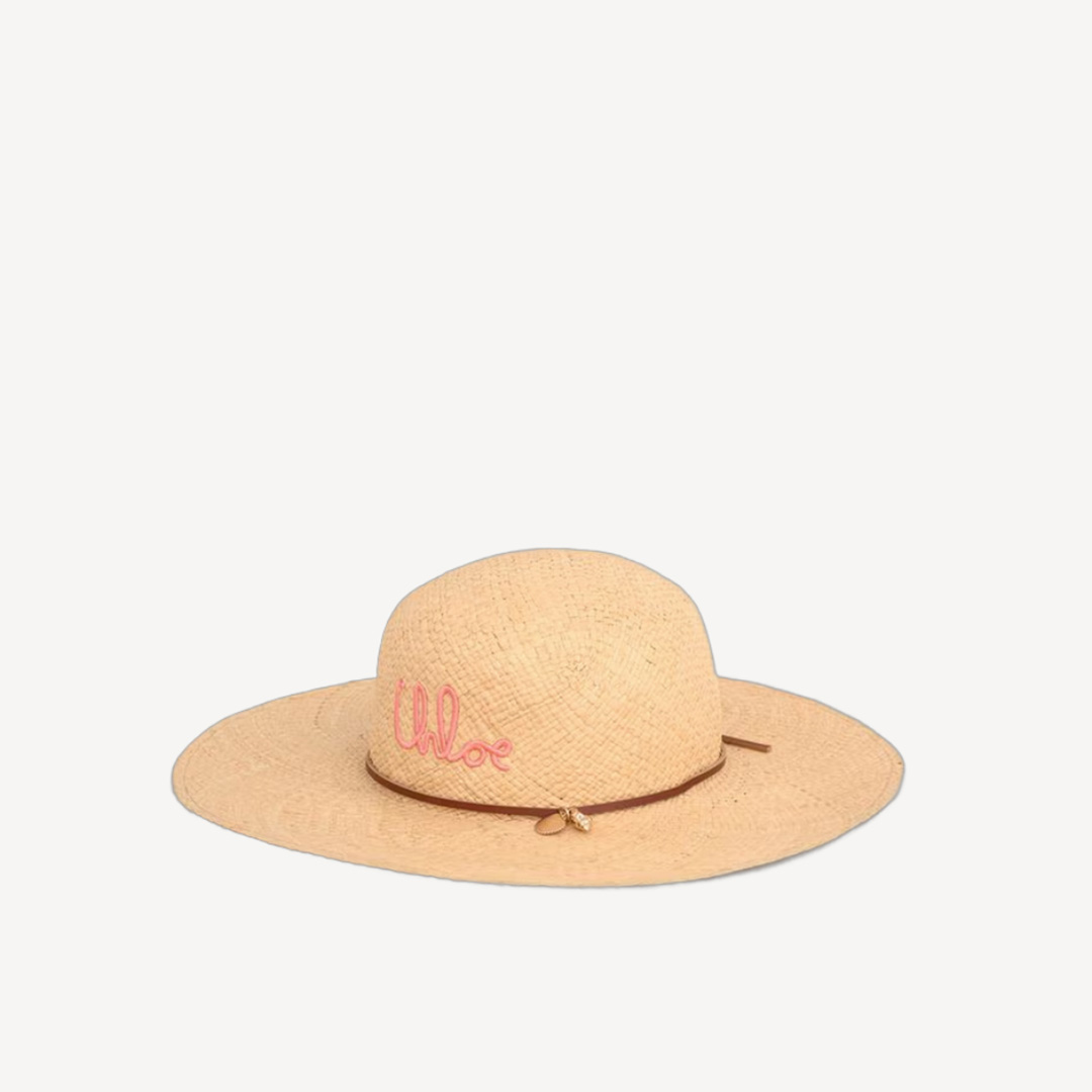 Chloe 粉紅色刺繡logo草編太陽帽 