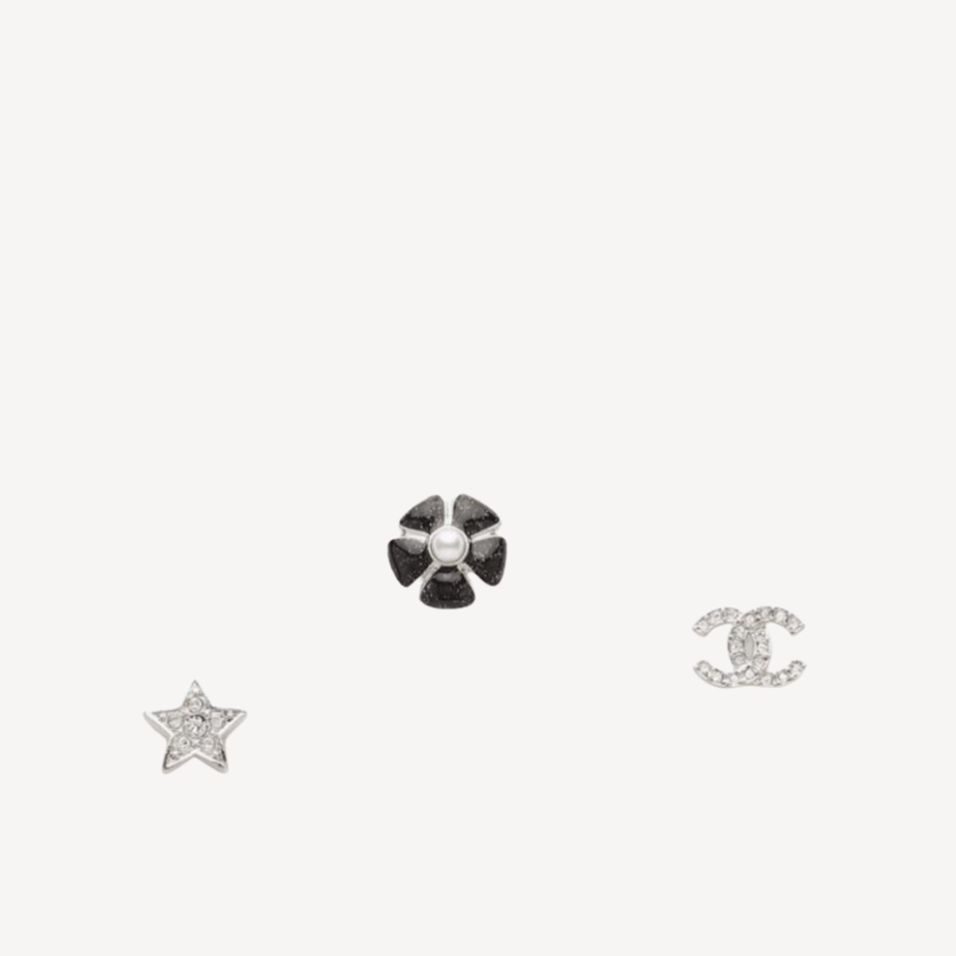 Chanel Silver Pearl White Black and Crystal Stud Earrings Earrings ABG901